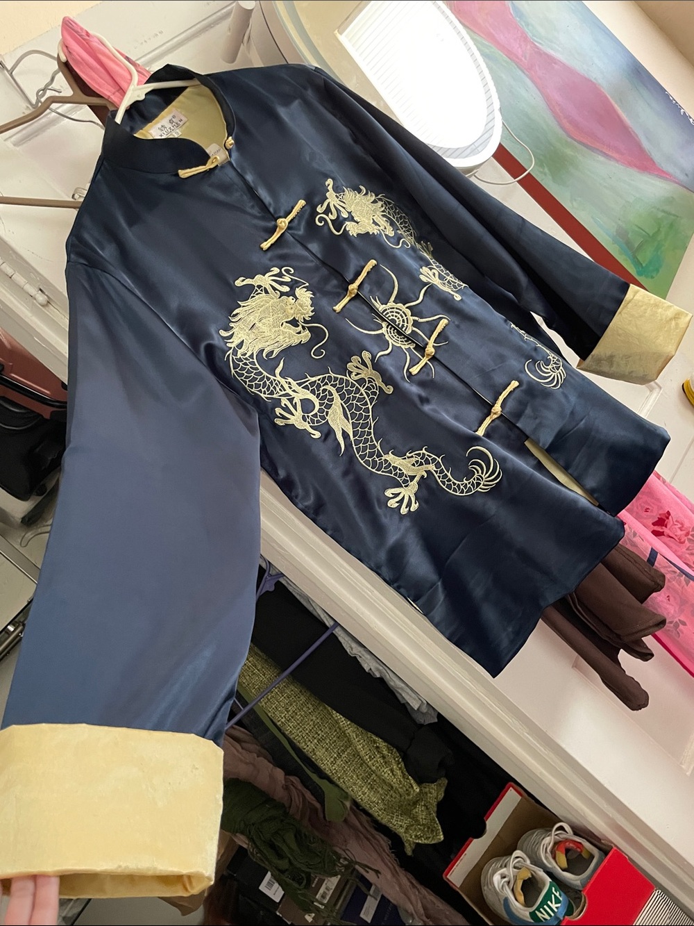 Brand new Chinese Navy silk Dragon Embroidered Chinese Jacket with Gold Trim